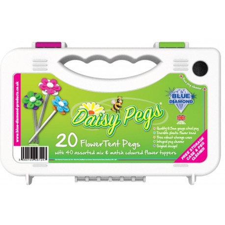 Tent Pegs x 20 With Flower Heads + Storage Case & Peg Cleaner